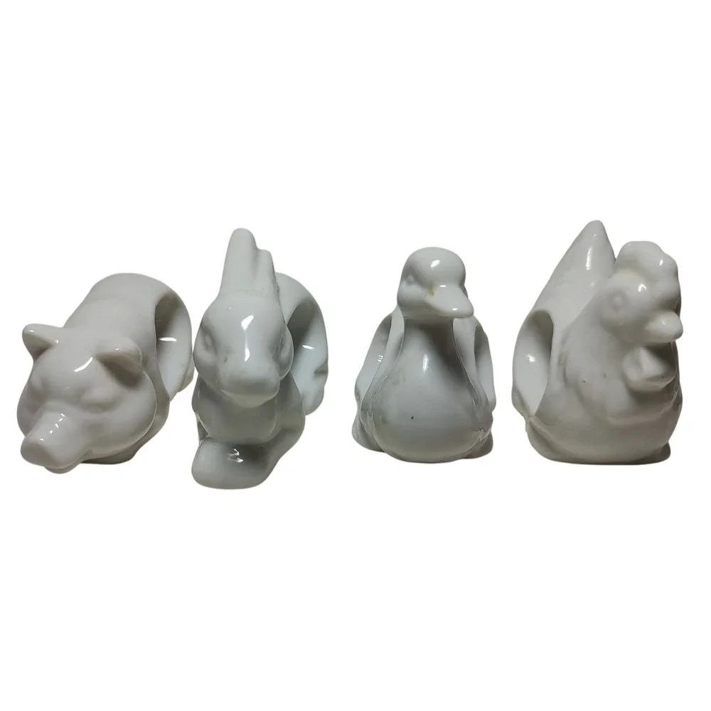 Vintage Animal Napkin Rings‎ White Porcelain Japan Duck Chicken Rabbit Pig Set